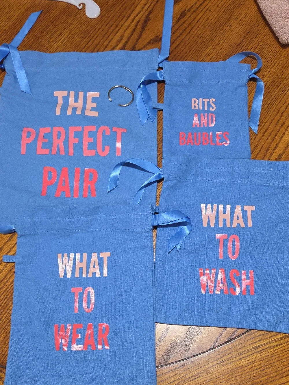 kate spade Blue Drawstring Travel Bag Set with Coral Lettering